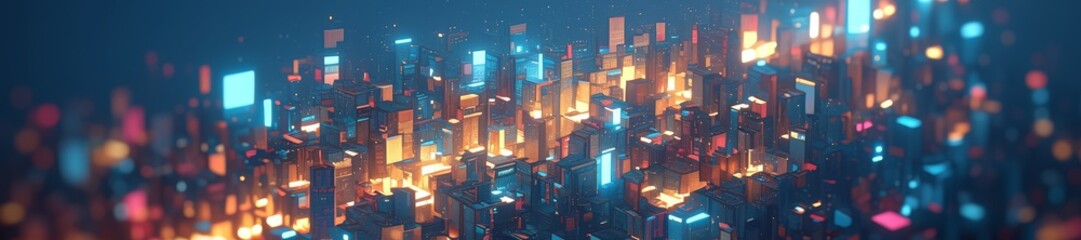 Abstract night cityscape with bokeh lights. Contemporary, digital art style.  for urban and tech themes. Panoramic, vibrant city atmosphere. Ultra wide. 