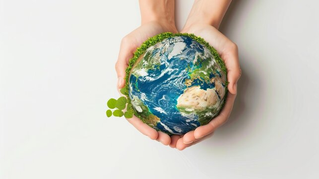 earthly embrace hands holding globe with lush green foliage world environment day concept white background
