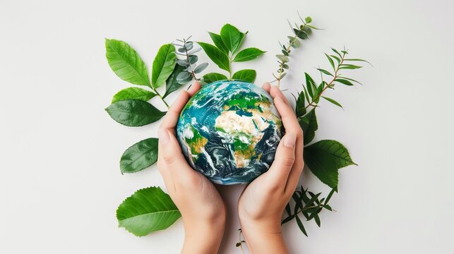 Fototapeta earthly embrace hands holding globe with lush green foliage world environment day concept white background