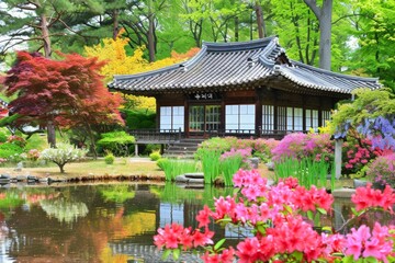 Obraz premium Traditional Korean pavilion amidst a vibrant garden in full bloom.