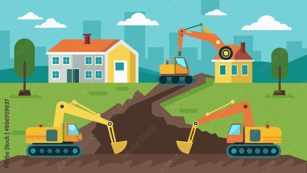 Poster excavators digging up the ground around the building to install deeper and more secure foundation fo