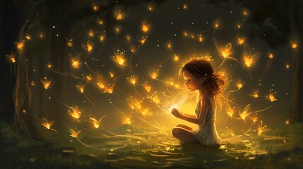 Obraz premium Firefly swarm pixie watercolor illustration - Generative AI. Little, girl, pixie, fly, light.