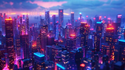 Geometric puzzle cityscape with glowing windows at twilight.