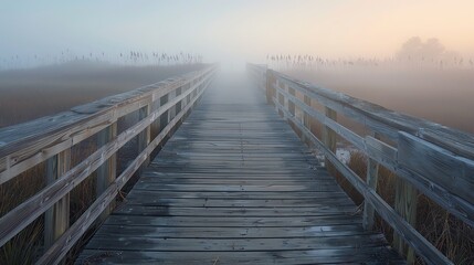Fototapeta premium A wooden dock disappears into the distance on a foggy day.