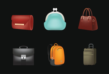 Set of icons of bags and luggage. Various types of bags ranging from elegant, sports, business and travel bags. Office business bag. Vintage leather cases for ladies and men. 