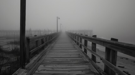 Obraz premium A wooden dock or boardwalk extends into the distance on a foggy day. The fog gives the scene a mysterious and eerie feeling.