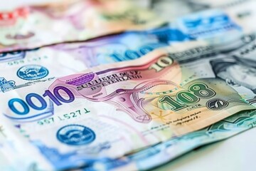 Fototapeta premium A close-up view of scattered South Korean Won currency, showcasing a mix of colors and denominations.