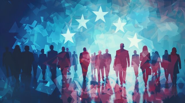 ethereal silhouette abstract geometric eu flag and unrecognizable politicians digital illustration