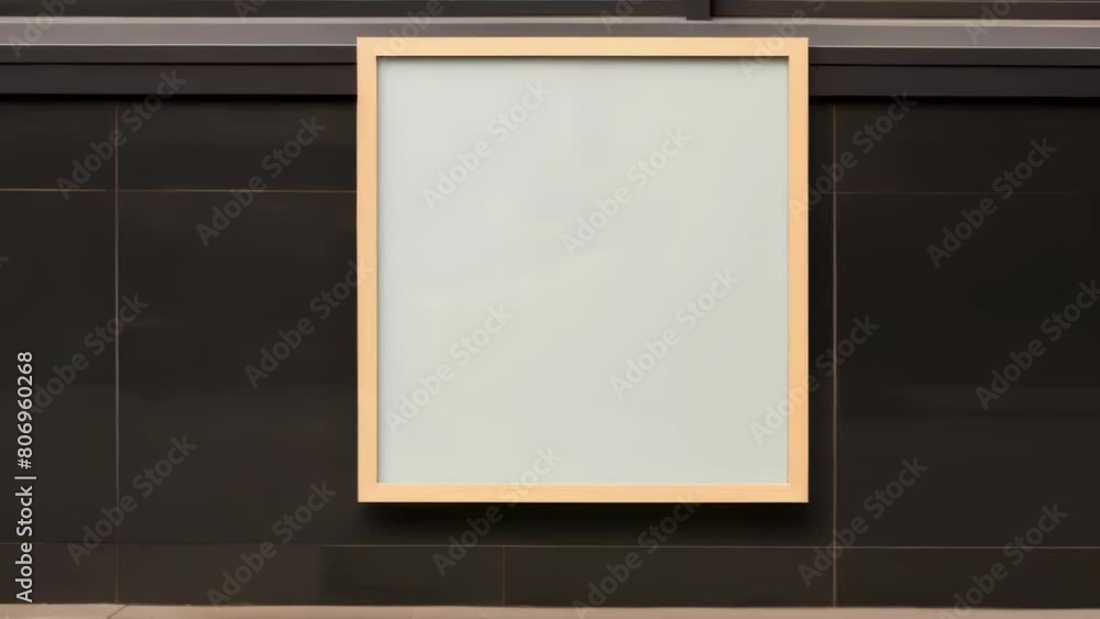 Poster a square window with a white frame sits on a black wall. the window is empty and the frame is made o