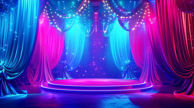 A vibrant and colorful stage with illuminated curtains, lights, and a glowing circular platform.