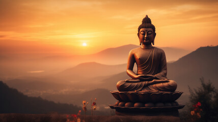 Statue of a seated Buddha against the backdrop of mountains at sunset