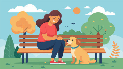 A woman sitting on a park bench with her therapy dog by her side enjoying the calming effect of petting and snuggling with her fourlegged companion..