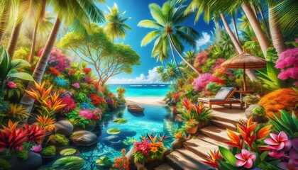 Fototapeta premium a relaxing view of a paradise landscape for meditation of a tropical oasis, colorful exotic plants, flowers, azure water with a boat, a house and a relaxation area on the seashore