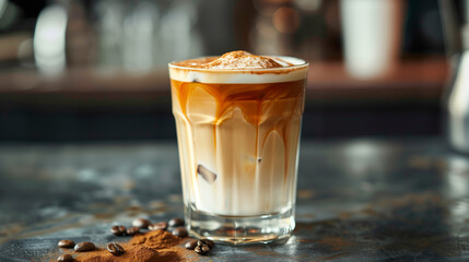 A perfect glass of latte displaying creamy swirls topped with a sprinkle of cinnamon, captured in a vibrant cafe setting.