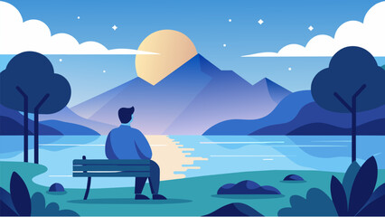 A lone figure sitting on a bench at the edge of a peaceful lake lost in thought and embodying the quiet mind.. Vector illustration