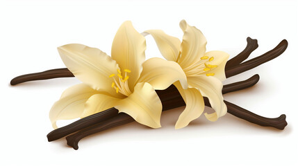 Illustration of two beautiful vanilla flowers with vanilla pods on a white background