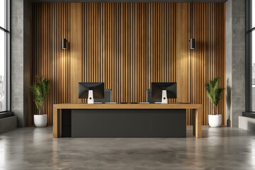 Stylish Office Workspace with Wooden Paneling. Modern office design featuring dual monitors on a sleek desk against a wooden slatted wall, panoramic window.