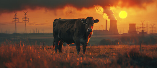 Lonely cow  enjoying the sunset behind a nuclear power plant 
