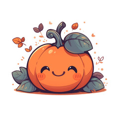 Cute pumpkin character with a happy face, surrounded by fall leaves. Great for Thanksgiving, Halloween, or autumn-themed projects.