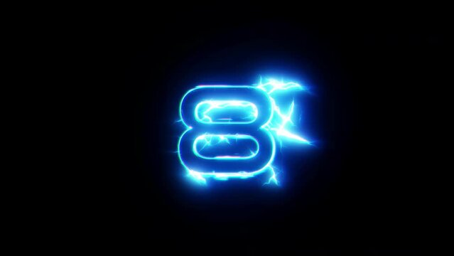 Abstract futuristic animation glow neon blue digital technology glitch shocking lightning effect text countdown from ten to zero on black background, modern 3D animated numerals.