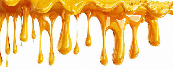 Glossy, dripping yellow liquid with highly viscous and realistic texture against a white background. - obrazy, fototapety, plakaty