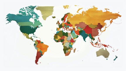 Intricately designed knitted world map with color coding, on white.