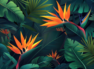 Fototapeta na wymiar Strelitzia reginae flower in the jungle, vector illustration