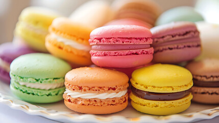 Fototapeta premium Colorful food photography, sweet macarons, sweets table
