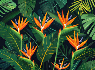 Fototapeta na wymiar Strelitzia reginae flower in the jungle, vector illustration