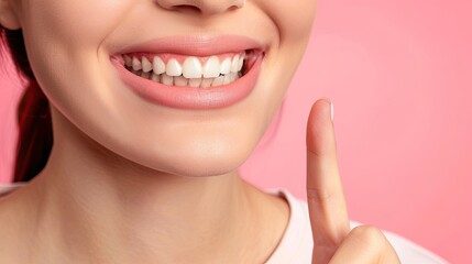 Obraz premium Dental banner. close up Woman point finger to showing white teeth, pastel background. beautiful smile. Teeth whitening. Happy woman