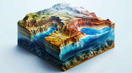 A detailed illustrative cross-section of various landscapes in a three-dimensional block.