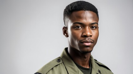 young black african military man studio portrait on plain white background from Generative AI
