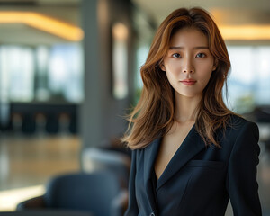 An elegant portrait showcases the poise of a gorgeous young Asian female CEO, clad in a sleek black suit, within the confines of a spacious and stylish office setting.
