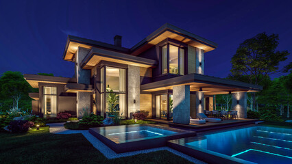 3d rendering of modern two story house with gray and wood accents, large windows, parking space in the right side of the building. Clear summer night with many stars on the sky.