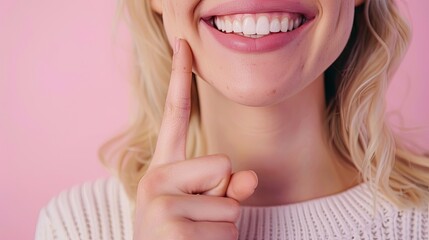 Obraz premium Dental banner. close up Woman point finger to showing white teeth, pastel background. beautiful smile. Teeth whitening. Happy woman