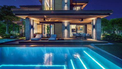 3d rendering of modern two story house with gray and wood accents, large windows, parking space in the right side of the building. Clear summer night with many stars on the sky.