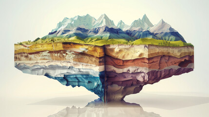 Beautifully detailed floating landmass showing diverse geological layers and snowy mountain peaks. - obrazy, fototapety, plakaty