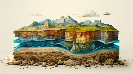 Illustrative cross-section of a landscape showing mountains, underground layers, and a water table. - obrazy, fototapety, plakaty