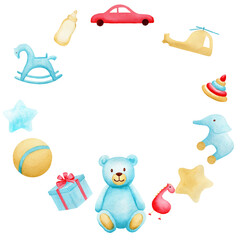 Watercolor round composition with blue teddy bear and toys on white background. Cute baby hand drawn illustration for greeting cards, kid posters