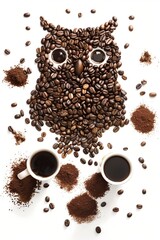 A cute owl made of coffee beans with two cups, on a white background, in the clip art style