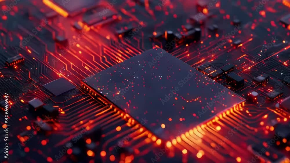 Poster a computer chip with a red glow. the chip is surrounded by a black background. futuristic and techno