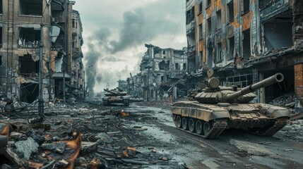 A war scene with two tanks driving through a destroyed city