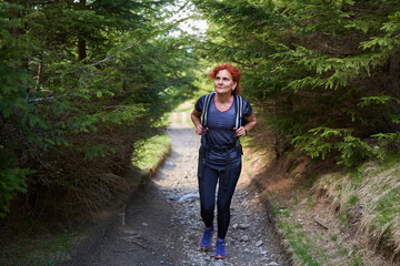 Fototapeta premium Woman hiker with backpack in a pine forest