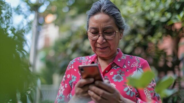 hispanic woman using smartphone 5g digital communication technology wide banner