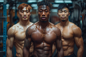 Young bodybuilder training in gym, showcasing muscular torso, promoting fitness lifestyle