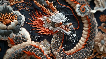 Fototapeta premium intricate stumpwork embroidery of mythical dragon on dark background showcasing detailed fabric textures and stitching
