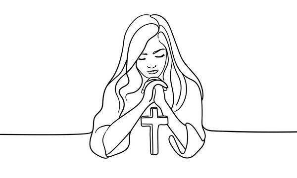 recommend clip art: Girl praying continuous line art drawing isolated on white background. Chuch, bible, christian, vector illustration