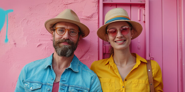 A happy couple enjoys a romantic summer vacation together, exploring the beauty of a sunny city