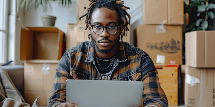 Confident entrepreneur manages online store, handling orders, shipping packages from modern home office