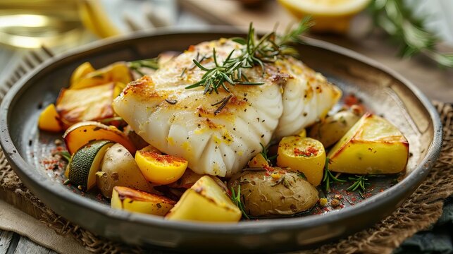 lemon rosemary delight baked cod loin with potatoes and vegetables gourmet seafood dish food photography